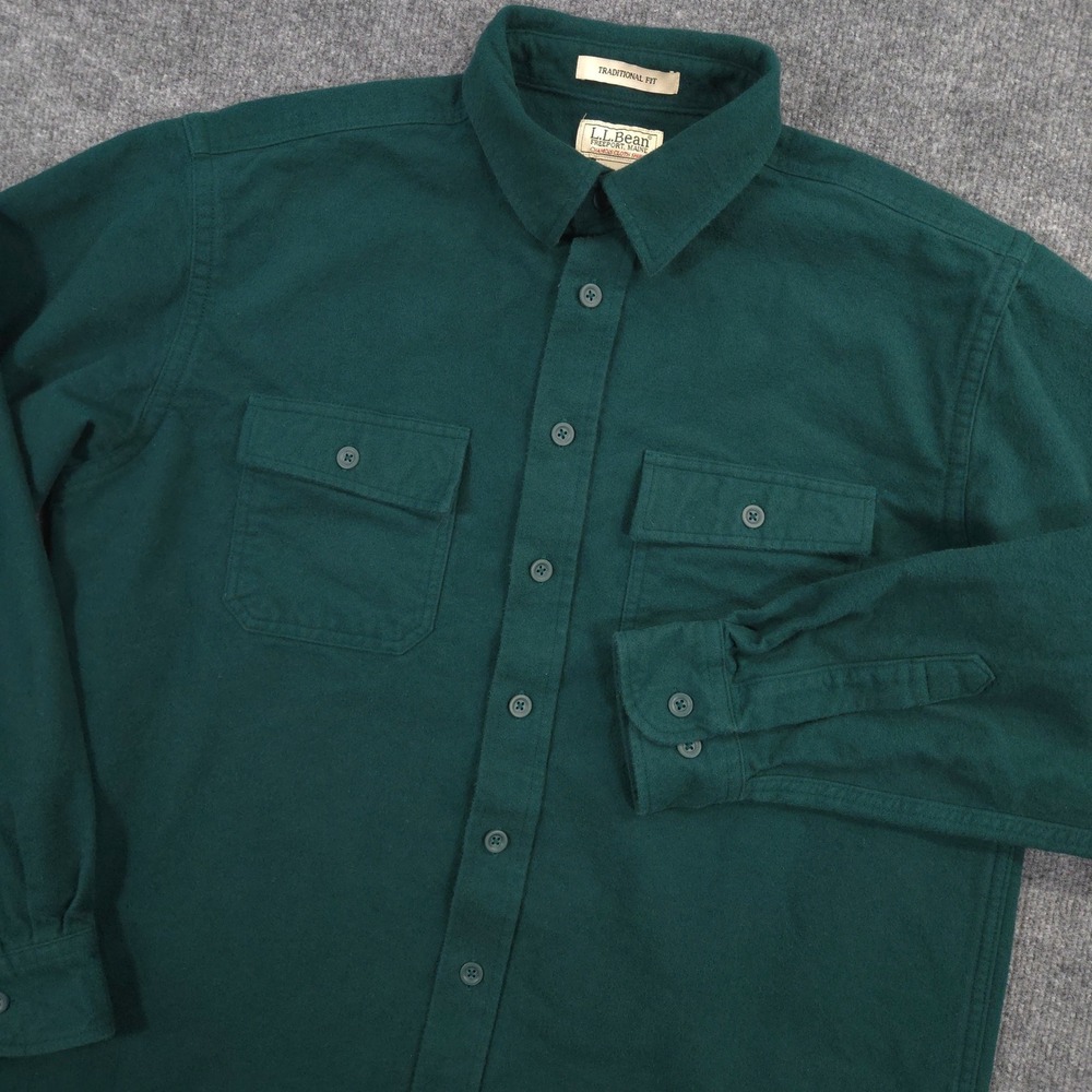 LL Bean Chamois Cloth Shirt Mens L Tall Green Traditional Fit Flannel Outdoor